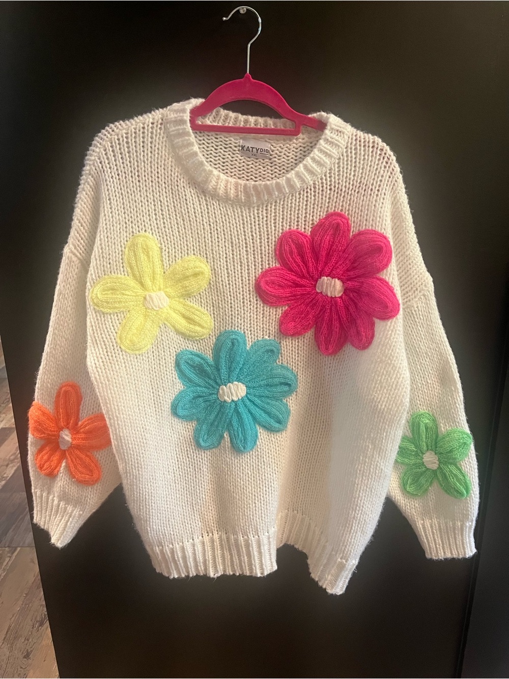 Katydid Cream Sweater with Bright Floral Appliqués